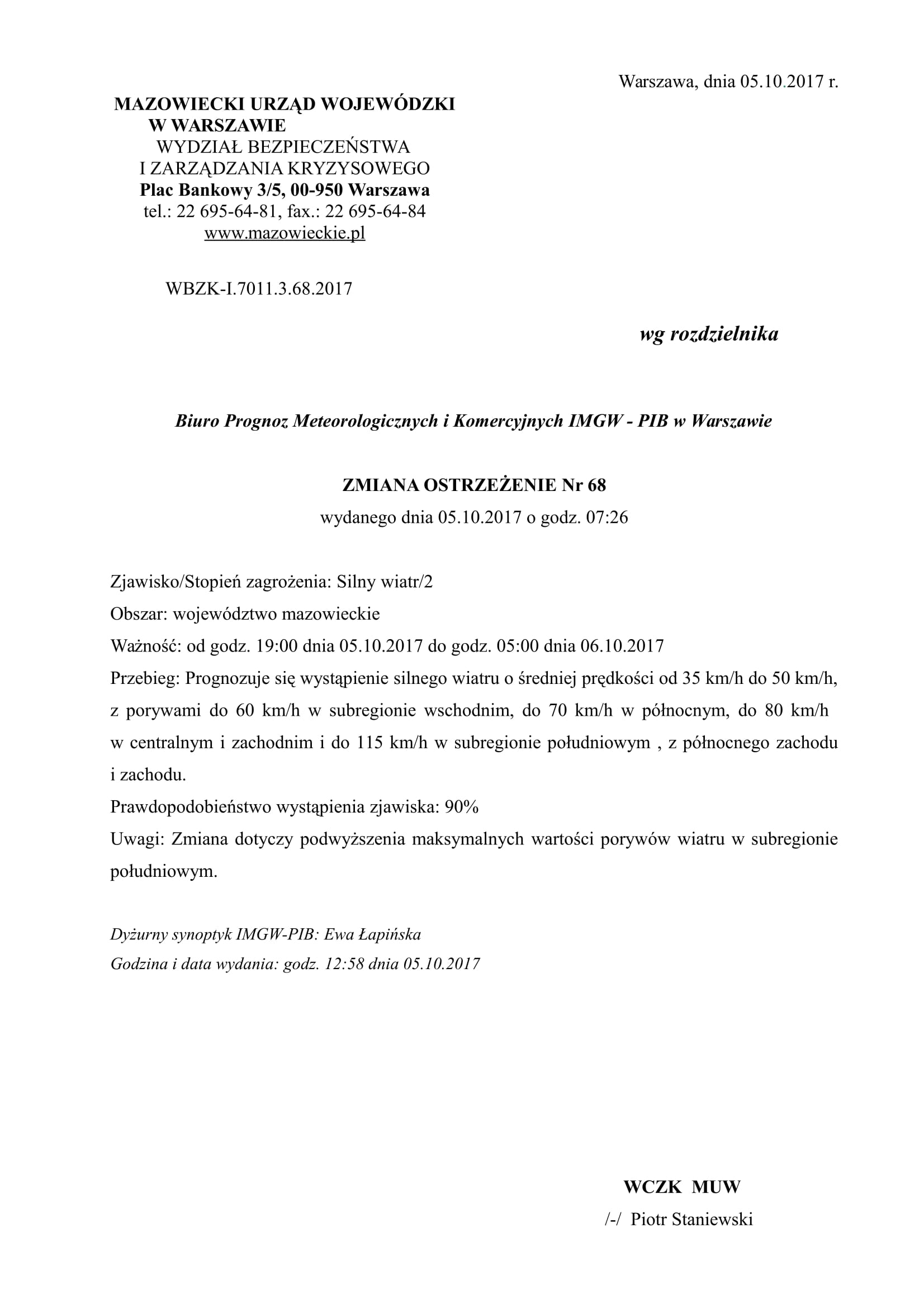 Zmiana ostrzezenia METEO nr 68